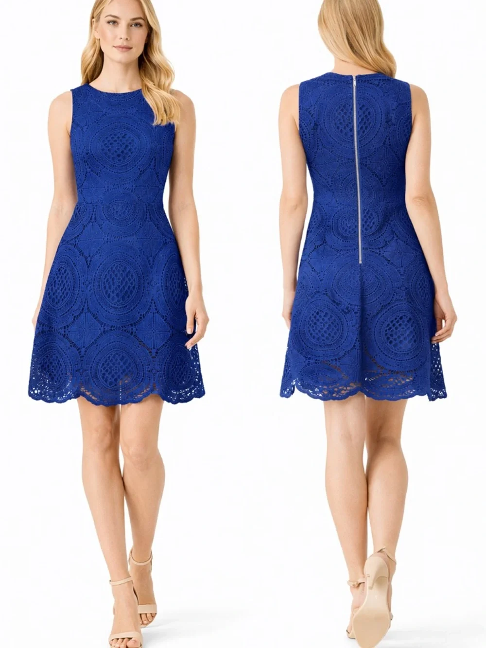 Shinestar Royal Blue Lace Dress Sleeveless Fit & Flare Scalloped Hem Size Small - Picture 3 of 8